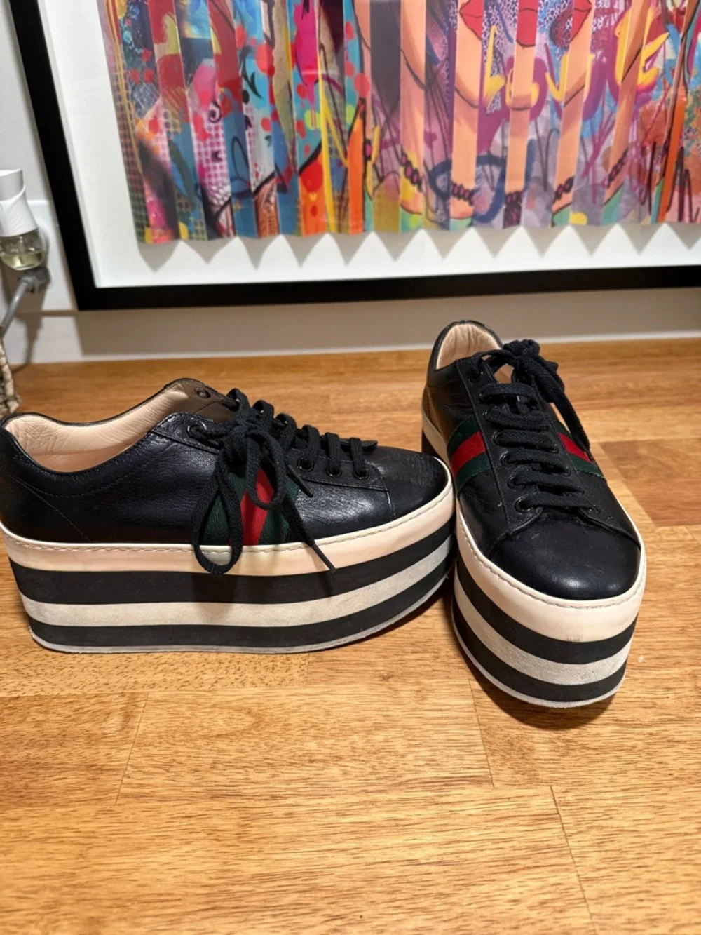 Gucci Black Leather Platform Sneakers with Red and Green Web Stripe - Picture 2 of 3